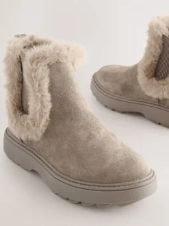 Boots|Next Mink-bruin suède - Met imitatiebont gevoerde Chelsea Boots