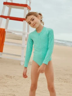 Badkleding|Next - Textured Long Sleeve Sunsafe Swimsuit (3-16yrs) Mint Green Shell