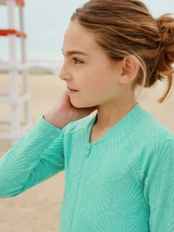 Badkleding|Next - Textured Long Sleeve Sunsafe Swimsuit (3-16yrs) Mint Green Shell