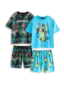 Nachtkleding En Pyjama's|Pyjama's|Vanilla Underground - Boys 100% Cotton Minecraft Short Sleeve Short Leg Pyjamas Set Pack of 2 Mintblauw