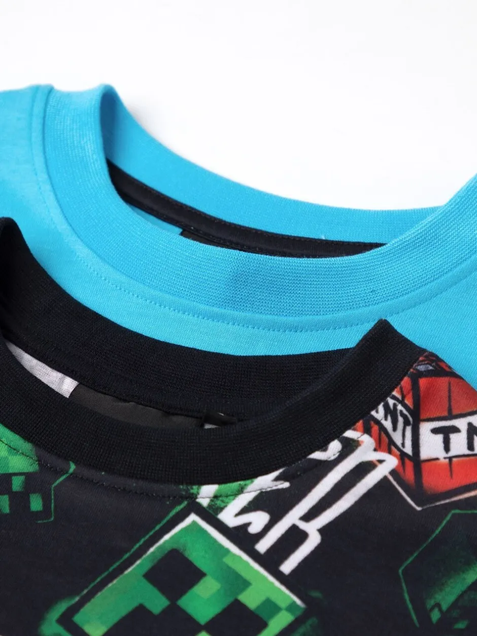 Nachtkleding En Pyjama's|Pyjama's|Vanilla Underground - Boys 100% Cotton Minecraft Short Sleeve Short Leg Pyjamas Set Pack of 2 Mintblauw