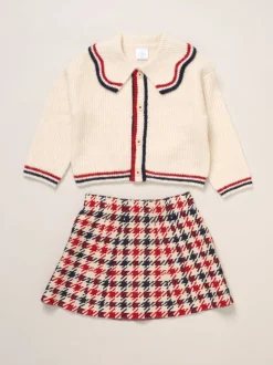Shorts En Rokken|Miss True Knit White Cardigan with Check Skirt