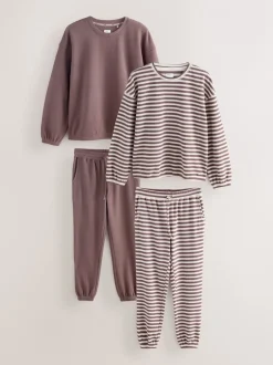 Pyjama's|Loungewear*Next Mokkabruin gestreept - Cosy Waffle Long Sleve Pyjamas 2 Pack