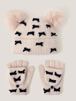 Mutsjes En Antikrabwantjes|Mutsen, Handschoenen En Sjaals|Monsoon Strik Muts met Pompon & Handschoenen Set
