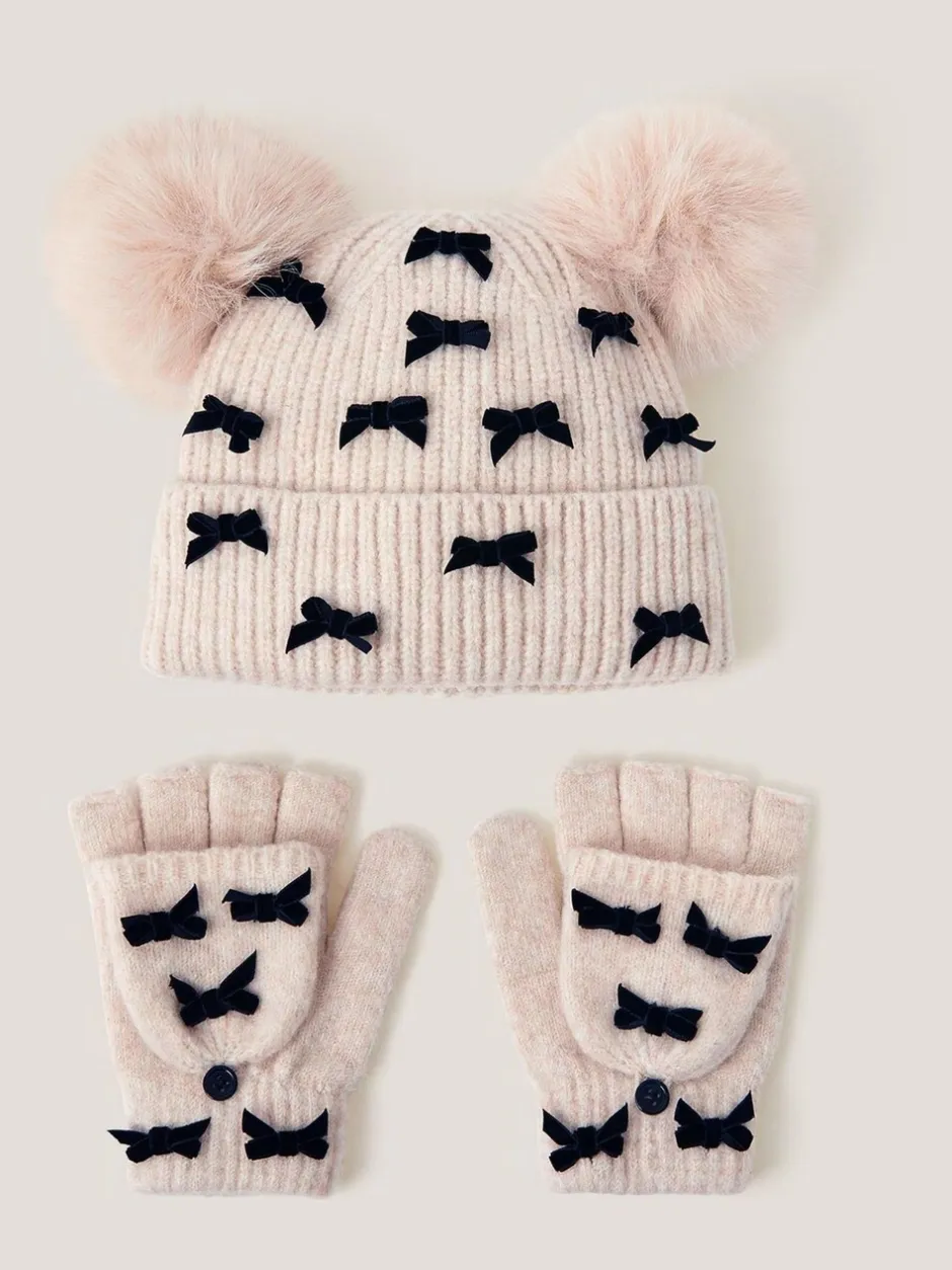 Mutsjes En Antikrabwantjes|Mutsen, Handschoenen En Sjaals|Monsoon Strik Muts met Pompon & Handschoenen Set