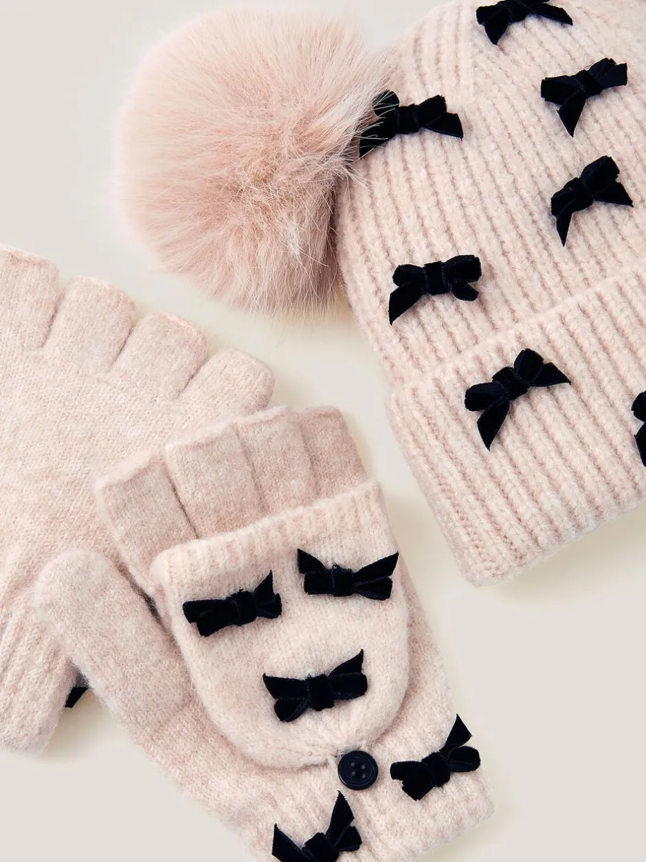 Mutsjes En Antikrabwantjes|Mutsen, Handschoenen En Sjaals|Monsoon Strik Muts met Pompon & Handschoenen Set