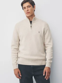 Gebreide Kleding|Next - Hertlogo - Regular fit 100% katoenen premium trui met korte rits Moutkleurig