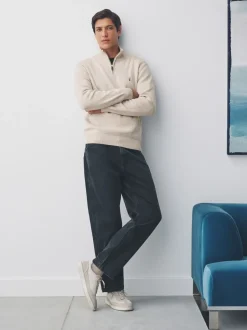 Gebreide Kleding|Next - Hertlogo - Regular fit 100% katoenen premium trui met korte rits Moutkleurig