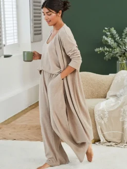 Loungewear|Gebreide Kleding|Laura Ashley - lang loungevest Moutkleurig