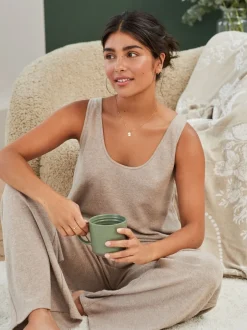 Loungewear|Broeken|Laura Ashley - gebreide loungebroek Moutkleurig
