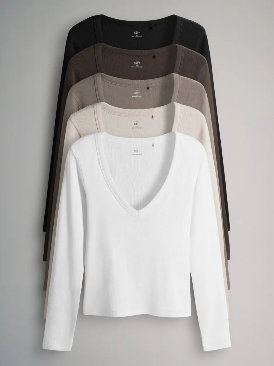 Tops En T-Shirts*The Set - 5 Pack Long Sleeve V-Neck Ribbed T-Shirts Multi