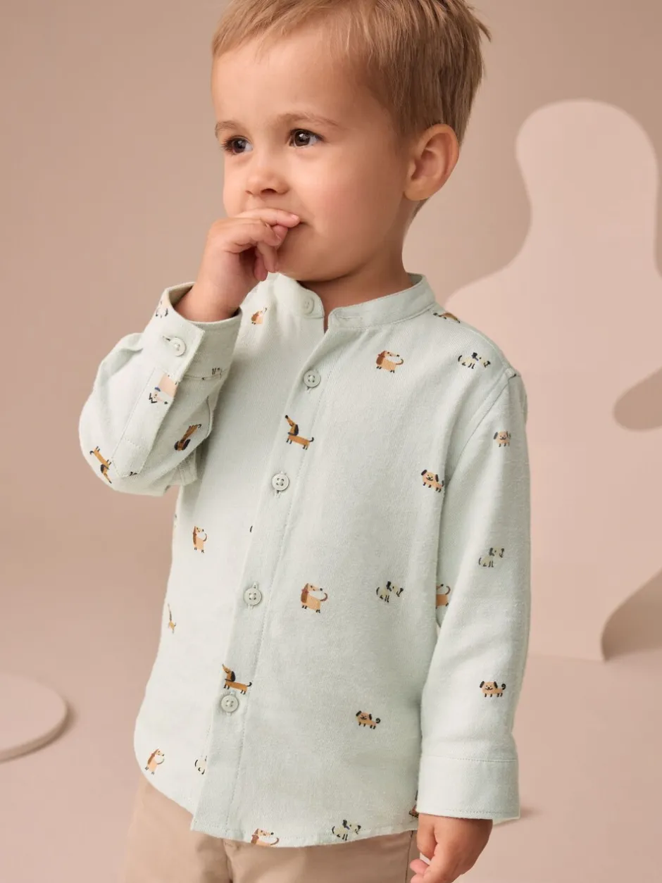 Shirts|Next - Overhemd met lange mouwen, opa-kraag en print met figuren (3mnd-7jr) Muntgroene hond