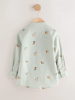 Shirts|Next - Overhemd met lange mouwen, opa-kraag en print met figuren (3mnd-7jr) Muntgroene hond