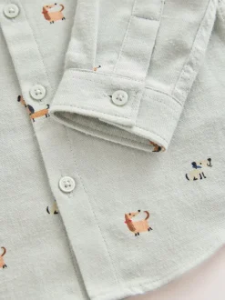 Shirts|Next - Overhemd met lange mouwen, opa-kraag en print met figuren (3mnd-7jr) Muntgroene hond