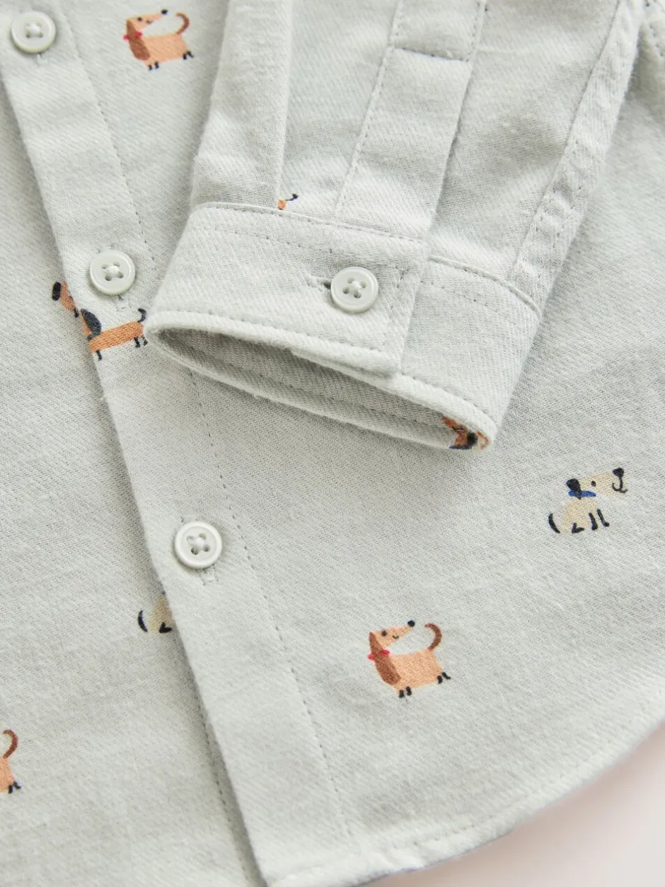 Shirts|Next - Overhemd met lange mouwen, opa-kraag en print met figuren (3mnd-7jr) Muntgroene hond
