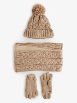 Mutsjes En Antikrabwantjes|Mutsen, Handschoenen En Sjaals|Next - Hoed, Handschoenen & Sjaals 3 delige Set (3-16jaar) Naturel gebreid met kabelpatroon