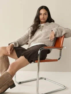 Gebreide Kleding|Next - Boucle Long Sleeve Polo Jumper Naturel Gemêleerd