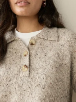 Gebreide Kleding|Next - Boucle Long Sleeve Polo Jumper Naturel Gemêleerd