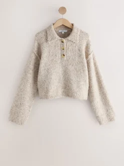 Gebreide Kleding|Next - Boucle Long Sleeve Polo Jumper Naturel Gemêleerd