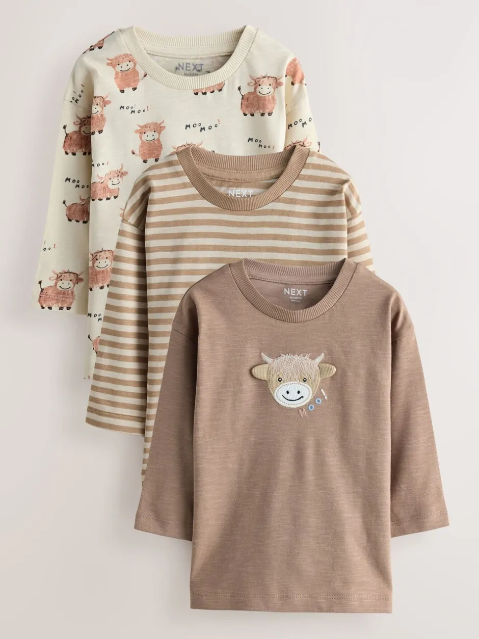 Tops|T-Shirts*Next - T-shirts met lange mouwen en dierenfiguurprint verpakking van 3 (3 mnd - 7 jr) Naturel Lichtbruin Hamish