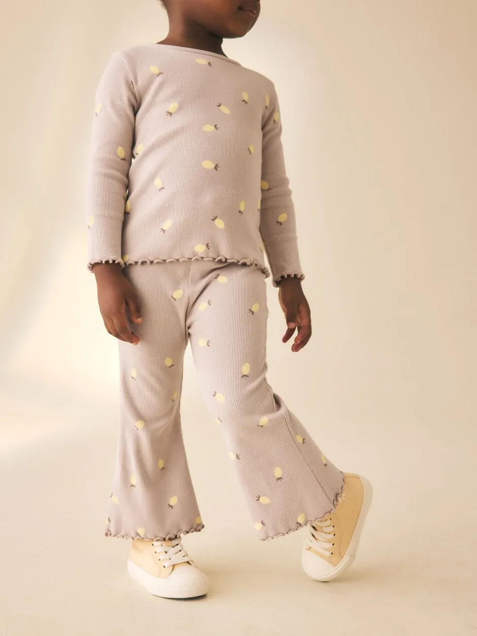 Broeken En Leggings*Next Naturel met citroenprint - Geribbelde flare legging (3 mnd-7 jr)