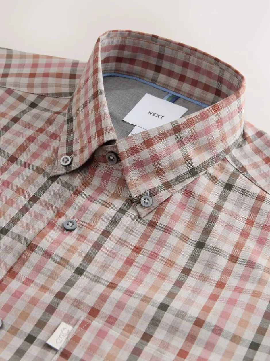 Shirts|Next Naturel met gingham-ruit - Eenvoudig te strijken Oxford-overhemd met knopen en standaard pasvorm