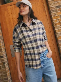 Blouses En Overhemden|Next - Overhemd met lange mouwen Naturel/Marineblauw Ruit
