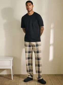 Pyjama's|Loungewear*Next - Jersey pyjama met korte mouwen Naturel/zwart geruit