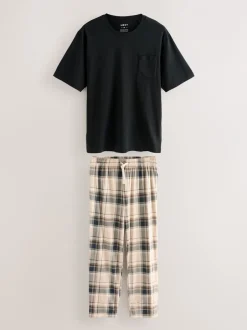 Pyjama's|Loungewear*Next - Jersey pyjama met korte mouwen Naturel/zwart geruit