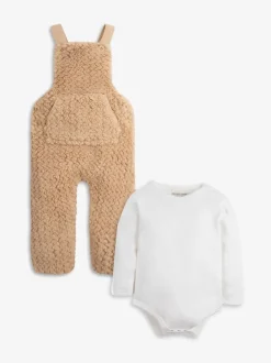 Rompertjes En Hemdjes|The Little Tailor - - Set van dikke tuinbroek van sherpafleece en body voor baby's Natuurlijk