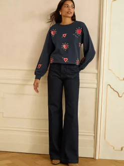 Hoody's En Sweatshirts*Love & Roses Navy Blue Heart Embroidery - - Jersey sweatshirt met ronde hals