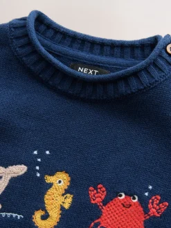 Truien En Breisels|Next Navy Blue Sealife - Character Knitted Crew Neck Jumper (3mths-7yrs)