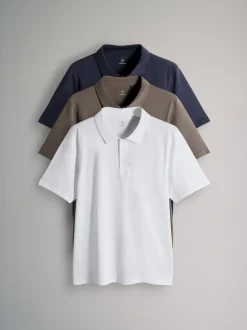 Poloshirts*The Set - 3 Pack Short Sleeve Cotton Jersey Polo Shirts Navy Blue/Brown/White