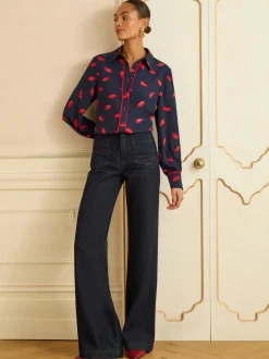 Blouses En Overhemden|Love & Roses - Long Sleeve Button Through Shirt Navy Lips Print