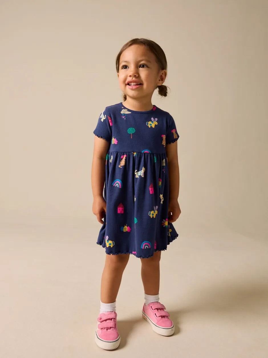 Jurken|Jurken|Next - Short Sleeve Ribbed Dress (3mths-7yrs) Navy Pets