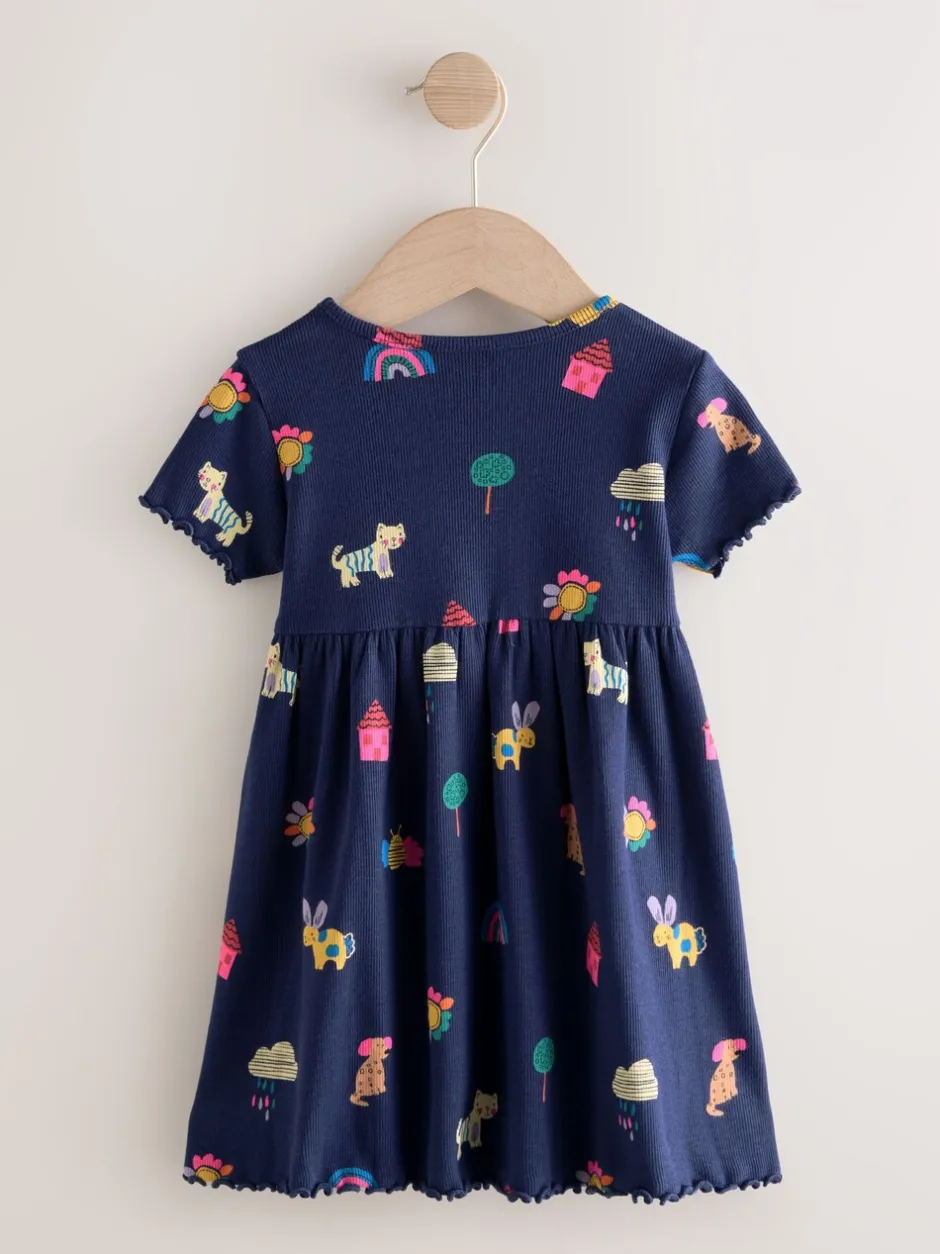 Jurken|Jurken|Next - Short Sleeve Ribbed Dress (3mths-7yrs) Navy Pets