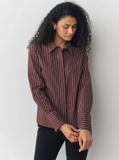 Blouses En Overhemden|Next - Fitted Stretch Essential Long Sleeve Shirts 2 Pack Navy Stripe/Burgundy Stripe