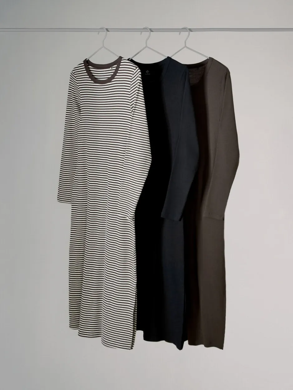 Jurken|The Set - 3 Pack Ribbed Long Sleeve Midi Dresses Navy/Khaki/Stripe