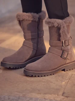 Ruimvallend En Extraruimvallend*Next - Faux Fur Double Buckle Ankle Boots Nertsgrijs/bruin