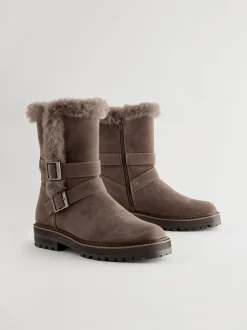 Ruimvallend En Extraruimvallend*Next - Faux Fur Double Buckle Ankle Boots Nertsgrijs/bruin