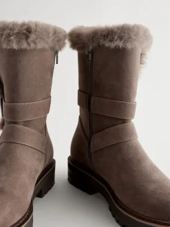 Ruimvallend En Extraruimvallend*Next - Faux Fur Double Buckle Ankle Boots Nertsgrijs/bruin