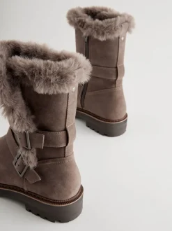 Ruimvallend En Extraruimvallend*Next - Faux Fur Double Buckle Ankle Boots Nertsgrijs/bruin