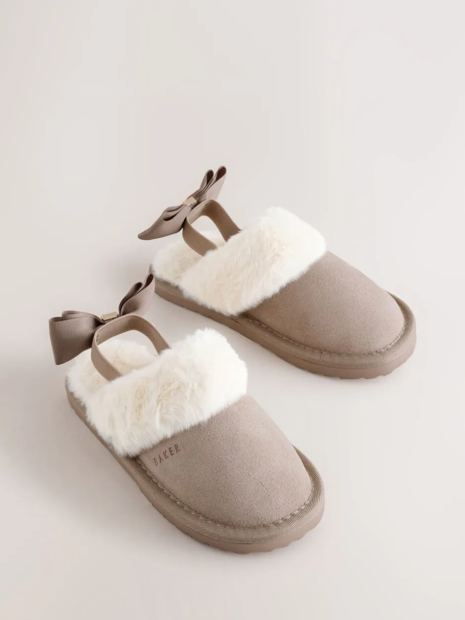 Pantoffels|Baker by Ted Baker - Meisjes suède Pantoffelmuiltjes van imitatiebont met Strik Neutraal