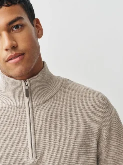 Gebreide Kleding|Next - Effen - Regular Fit Cotton Rich Textured Premium Quarter Zip Jumper Neutraal