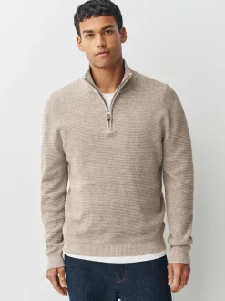 Gebreide Kleding|Next - Effen - Regular Fit Cotton Rich Textured Premium Quarter Zip Jumper Neutraal