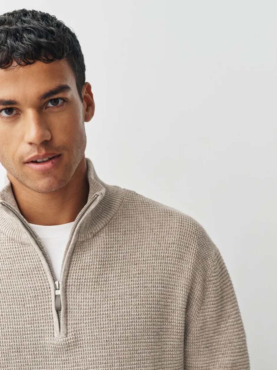 Gebreide Kleding|Next - Effen - Regular Fit Cotton Rich Textured Premium Quarter Zip Jumper Neutraal