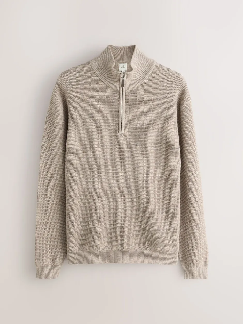 Gebreide Kleding|Next - Effen - Regular Fit Cotton Rich Textured Premium Quarter Zip Jumper Neutraal