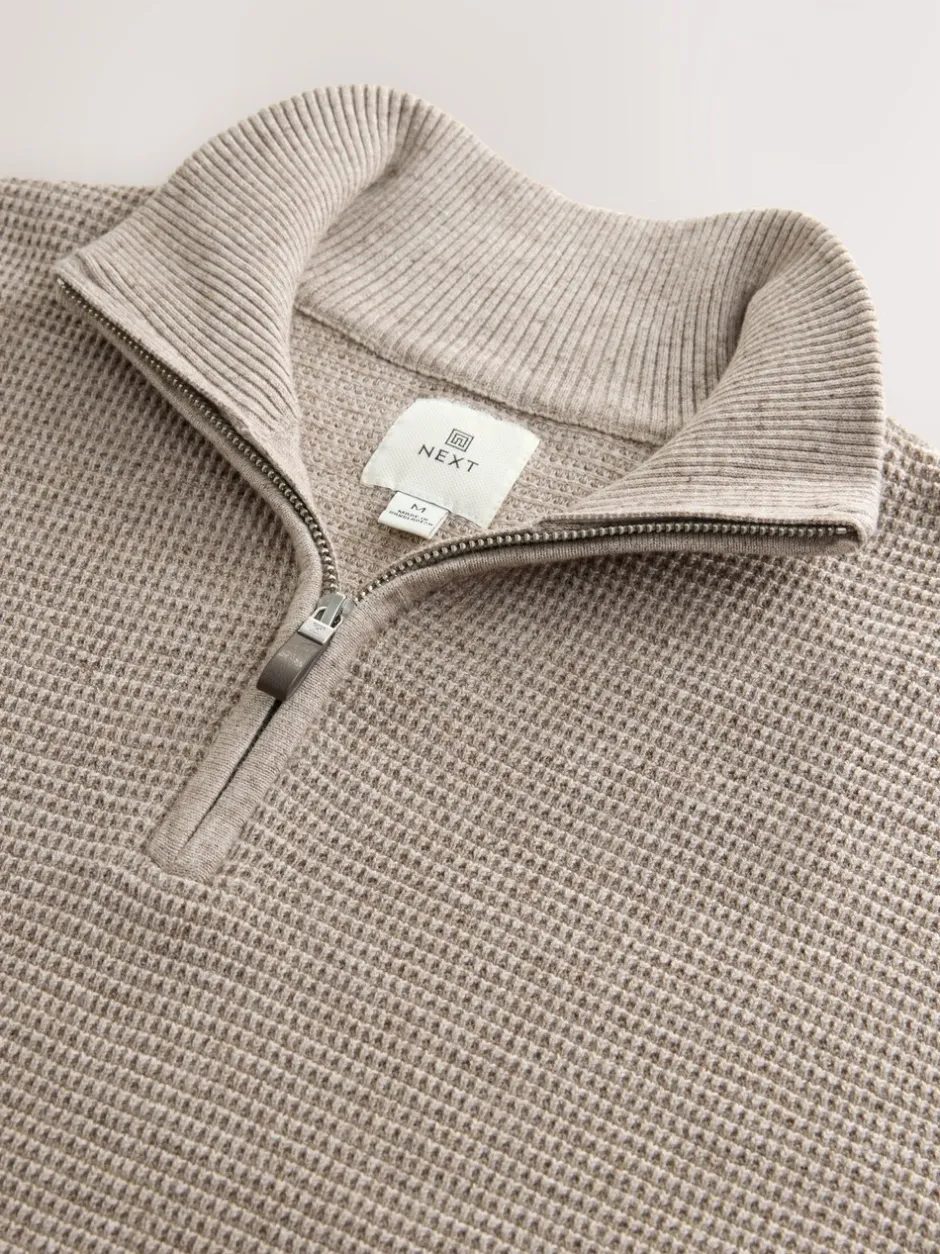 Gebreide Kleding|Next - Effen - Regular Fit Cotton Rich Textured Premium Quarter Zip Jumper Neutraal