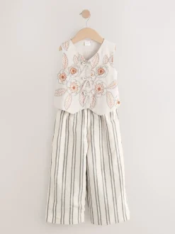 Sets En Outfits|Tops*Next Neutraal - Embroidered Waistcoat and Wide Leg Trousers Set (3-16yrs)