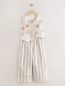 Sets En Outfits|Tops*Next Neutraal - Embroidered Waistcoat and Wide Leg Trousers Set (3-16yrs)